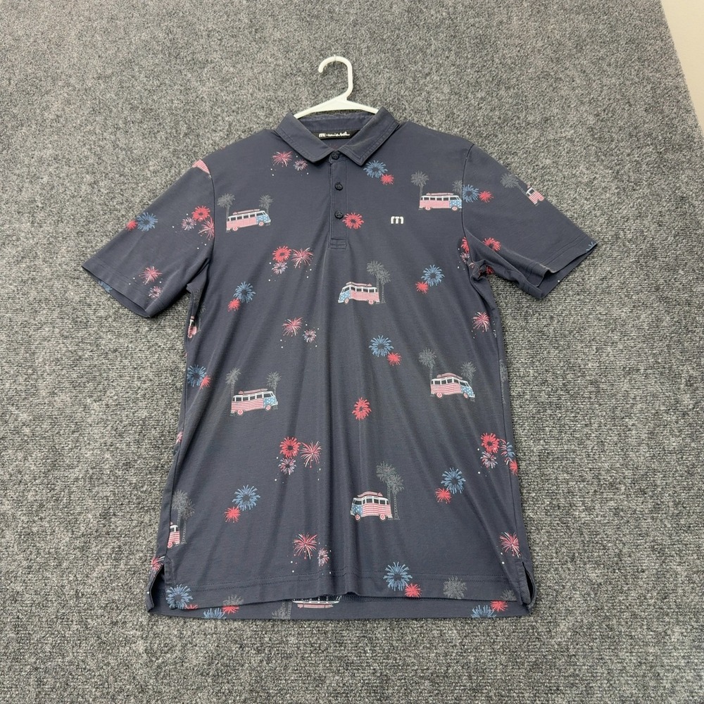 Travis Mathew Polo Shirt Mens M Grey Pima Cotton Fireworks Surf Van Golf Casual